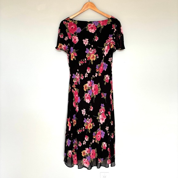 Talbots Size 8 Floral Dress Black Pink Midi Cap Sleeve Lunch Date Church Dress - Picture 10 of 15